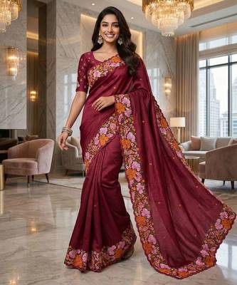 Red manipuri silk embroidered thread work heavy look ethnic saree with blouse 3