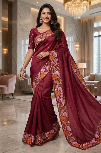 Red manipuri silk embroidered thread work heavy look ethnic saree with blouse