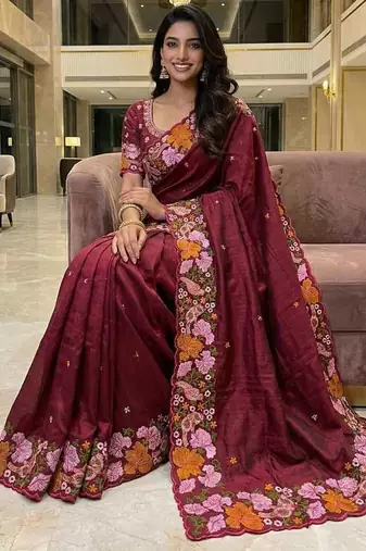 Red manipuri silk embroidered thread work heavy look ethnic saree with blouse