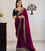 Magenta satin embroidered sequins work heavy look ethnic saree with blouse