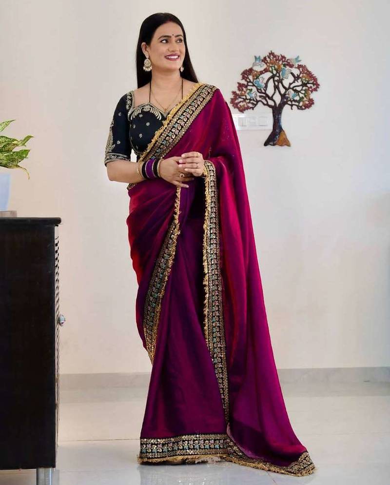 Magenta satin embroidered sequins work heavy look ethnic saree with blouse
