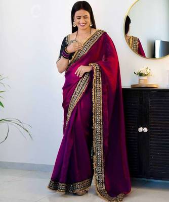 Magenta satin embroidered sequins work heavy look ethnic saree with blouse 2