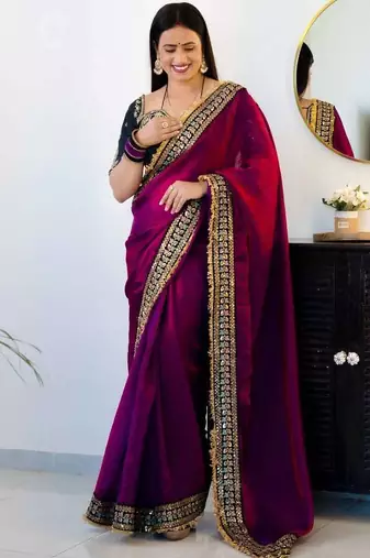 Magenta satin embroidered sequins work heavy look ethnic saree with blouse