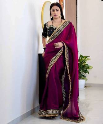 Magenta satin embroidered sequins work heavy look ethnic saree with blouse 3