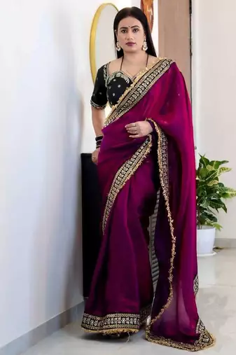 Magenta satin embroidered sequins work heavy look ethnic saree with blouse