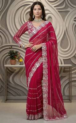 Pink faux georgette embroidered mirror work heavy look ethnic saree with blouse 1