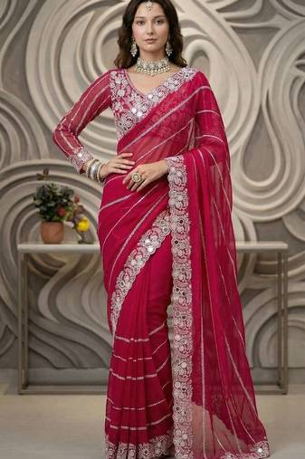 Pink faux georgette embroidered mirror work heavy look ethnic saree with blouse