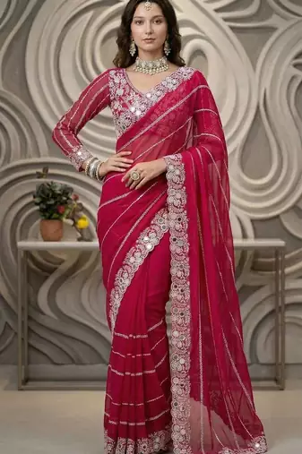 Pink faux georgette embroidered mirror work heavy look ethnic saree with blouse