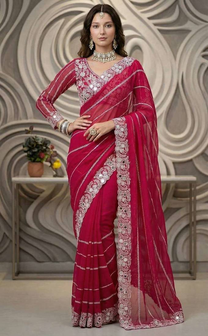Pink faux georgette embroidered mirror work heavy look ethnic saree with blouse