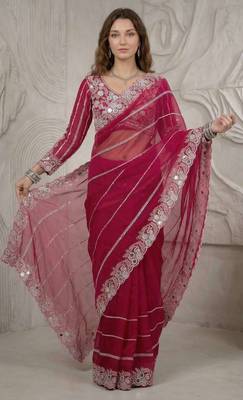 Pink faux georgette embroidered mirror work heavy look ethnic saree with blouse 2