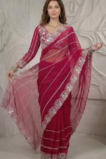 Pink faux georgette embroidered mirror work heavy look ethnic saree with blouse