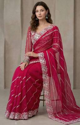 Pink faux georgette embroidered mirror work heavy look ethnic saree with blouse 3