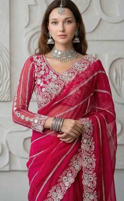 Pink faux georgette embroidered mirror work heavy look ethnic saree with blouse 4