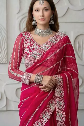 Pink faux georgette embroidered mirror work heavy look ethnic saree with blouse