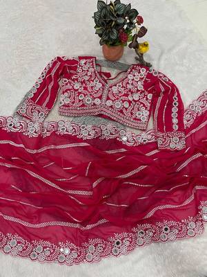 Pink faux georgette embroidered mirror work heavy look ethnic saree with blouse 5