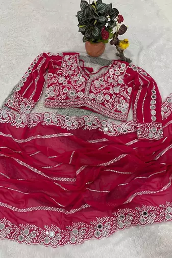 Pink faux georgette embroidered mirror work heavy look ethnic saree with blouse