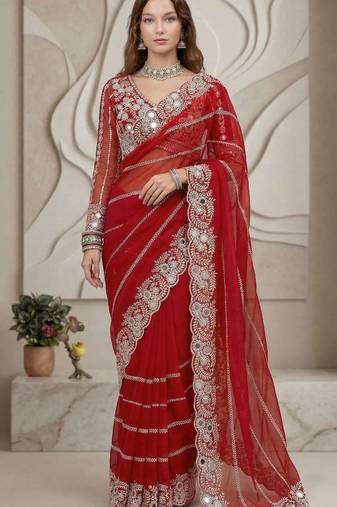 Red faux georgette embroidered mirror work heavy look ethnic saree with blouse