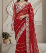 Red faux georgette embroidered mirror work heavy look ethnic saree with blouse