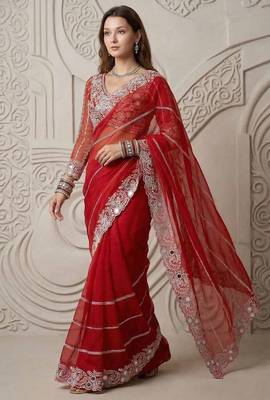 Red faux georgette embroidered mirror work heavy look ethnic saree with blouse 2