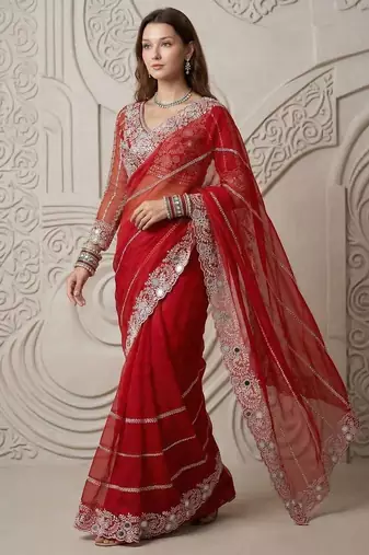 Red faux georgette embroidered mirror work heavy look ethnic saree with blouse