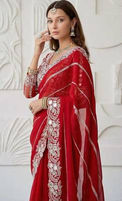 Red faux georgette embroidered mirror work heavy look ethnic saree with blouse 3