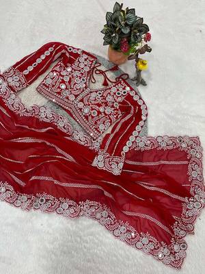 Red faux georgette embroidered mirror work heavy look ethnic saree with blouse 4