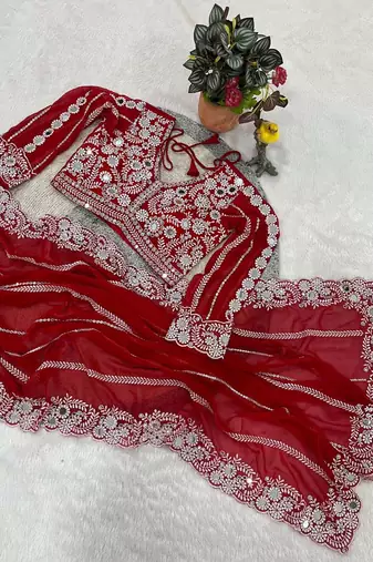 Red faux georgette embroidered mirror work heavy look ethnic saree with blouse