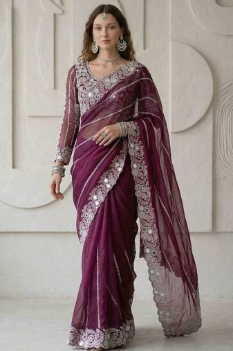 Wine faux georgette embroidered mirror work heavy look ethnic saree with blouse