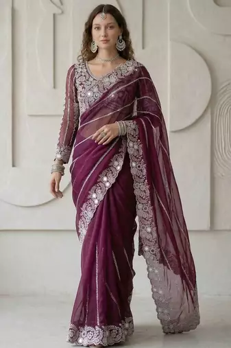 Wine faux georgette embroidered mirror work heavy look ethnic saree with blouse
