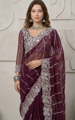 Wine faux georgette embroidered mirror work heavy look ethnic saree with blouse 2
