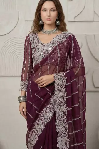 Wine faux georgette embroidered mirror work heavy look ethnic saree with blouse