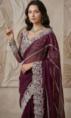 Wine faux georgette embroidered mirror work heavy look ethnic saree with blouse 3