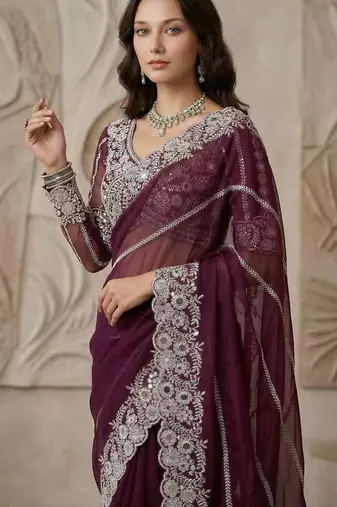 Wine faux georgette embroidered mirror work heavy look ethnic saree with blouse