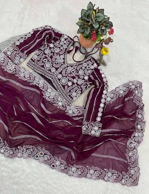 Wine faux georgette embroidered mirror work heavy look ethnic saree with blouse 4
