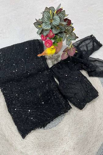 Black net embroidered sequins work heavy look ethnic saree with blouse