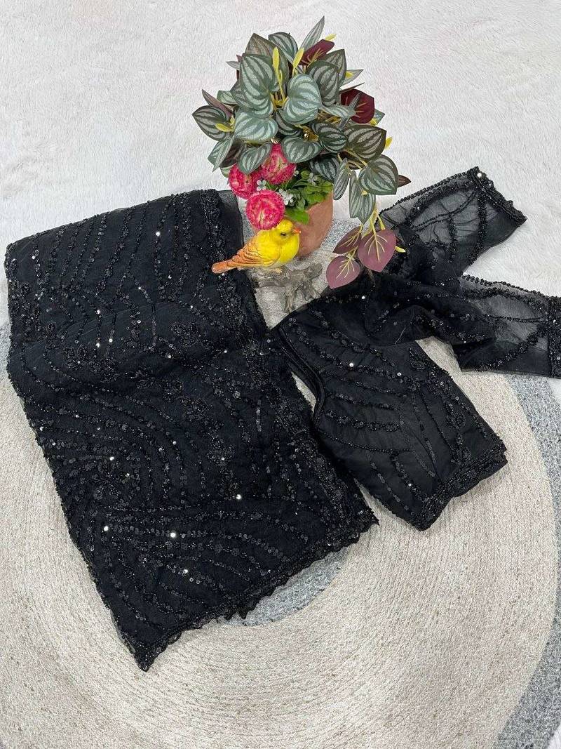 Black net embroidered sequins work heavy look ethnic saree with blouse