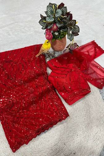 Red net embroidered sequins work heavy look ethnic saree with blouse