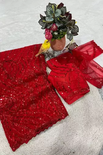 Red net embroidered sequins work heavy look ethnic saree with blouse