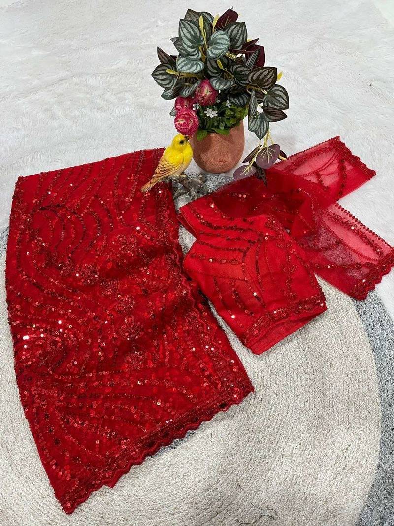 Red net embroidered sequins work heavy look ethnic saree with blouse