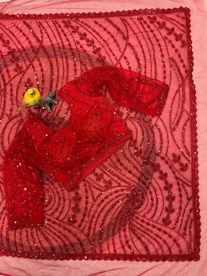 Red net embroidered sequins work heavy look ethnic saree with blouse 2