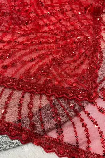 Red net embroidered sequins work heavy look ethnic saree with blouse