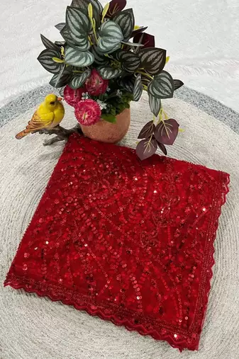 Red net embroidered sequins work heavy look ethnic saree with blouse