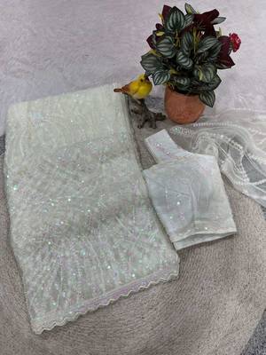 White net embroidered sequins work heavy look ethnic saree with blouse 1
