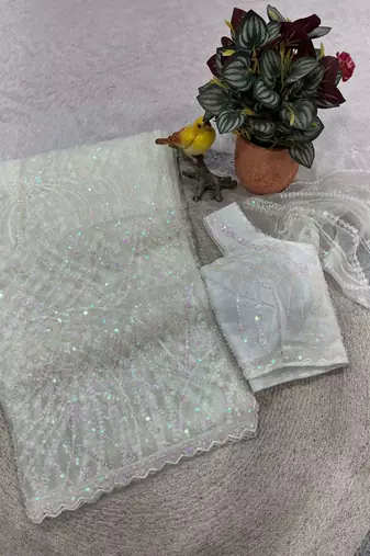 White net embroidered sequins work heavy look ethnic saree with blouse
