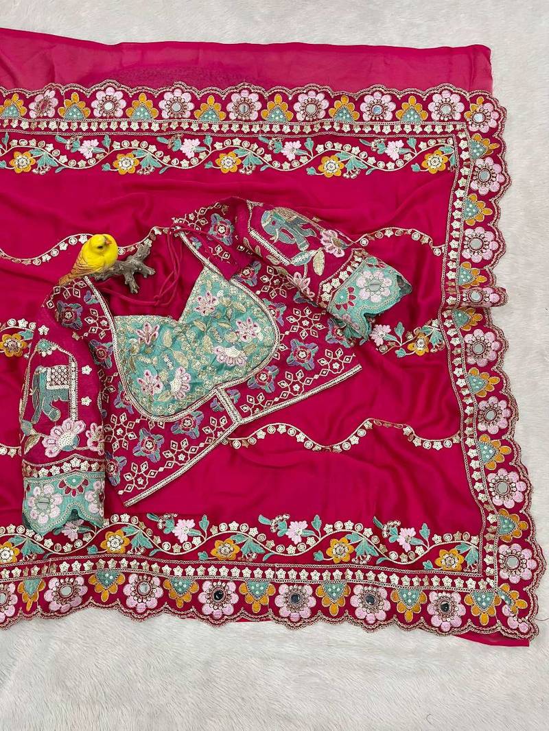 Multicolor silk embroidered sequins work heavy look ethnic saree with blouse