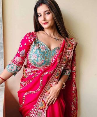 Multicolor silk embroidered sequins work heavy look ethnic saree with blouse 5