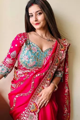 Multicolor silk embroidered sequins work heavy look ethnic saree with blouse