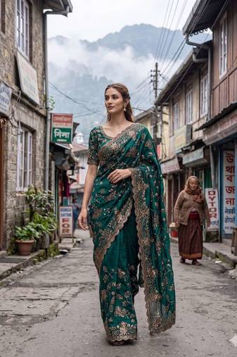 Green satin embroidered sequins work heavy look ethnic saree with blouse