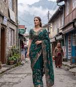Green satin embroidered sequins work heavy look ethnic saree with blouse