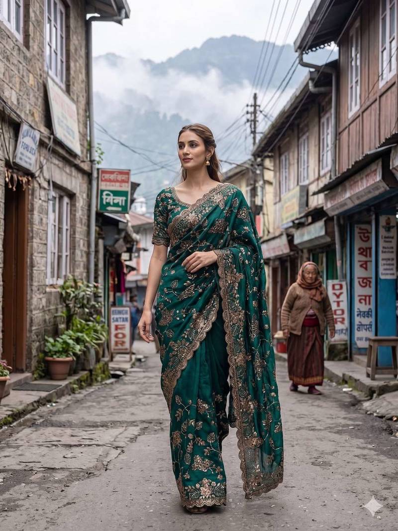 Green satin embroidered sequins work heavy look ethnic saree with blouse